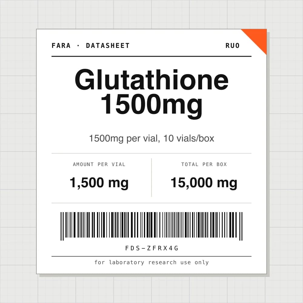Datasheet card for Glutathione 1500mg: 1,500 mg per vial, 10 vials per box