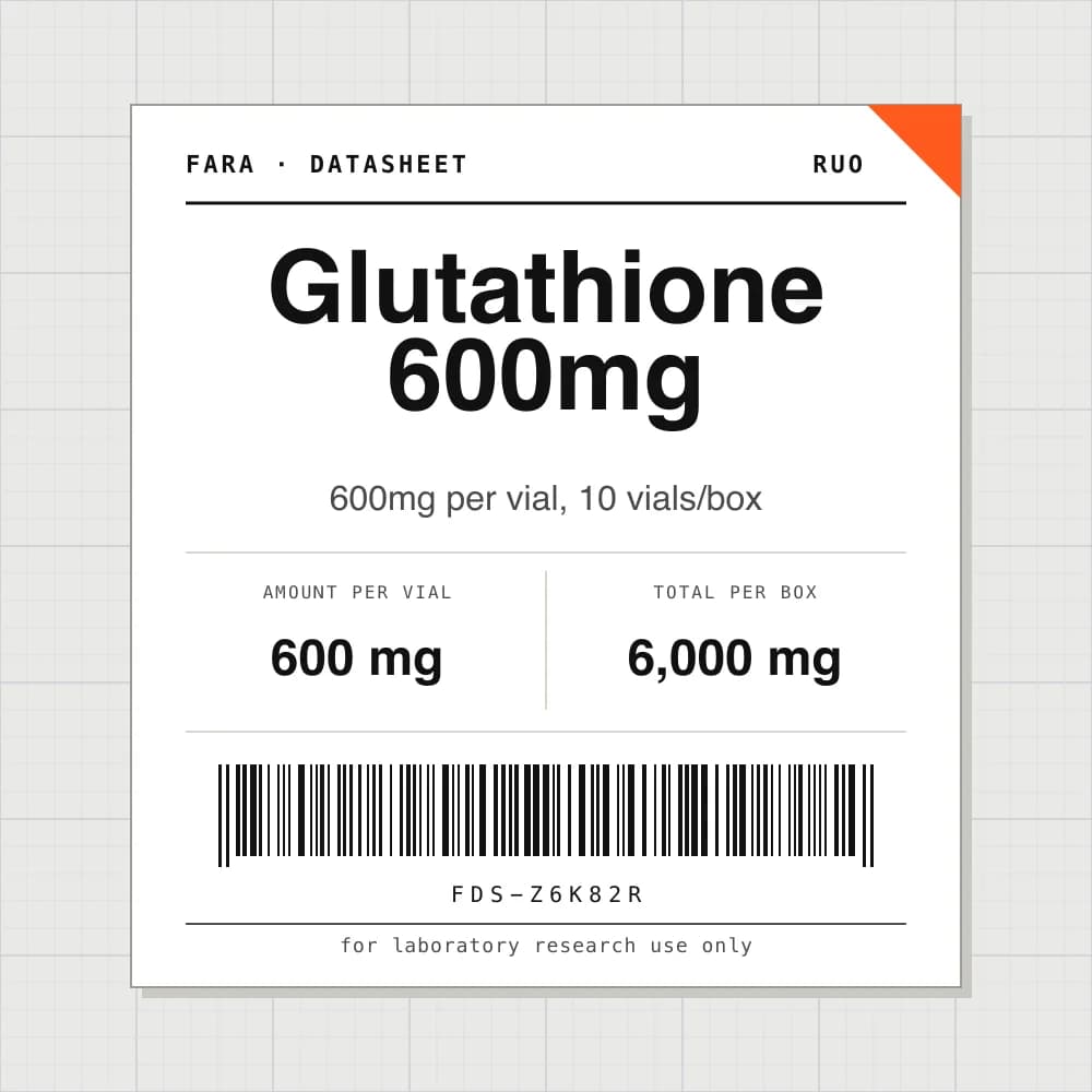 Datasheet card for Glutathione 600mg: 600 mg per vial, 10 vials per box