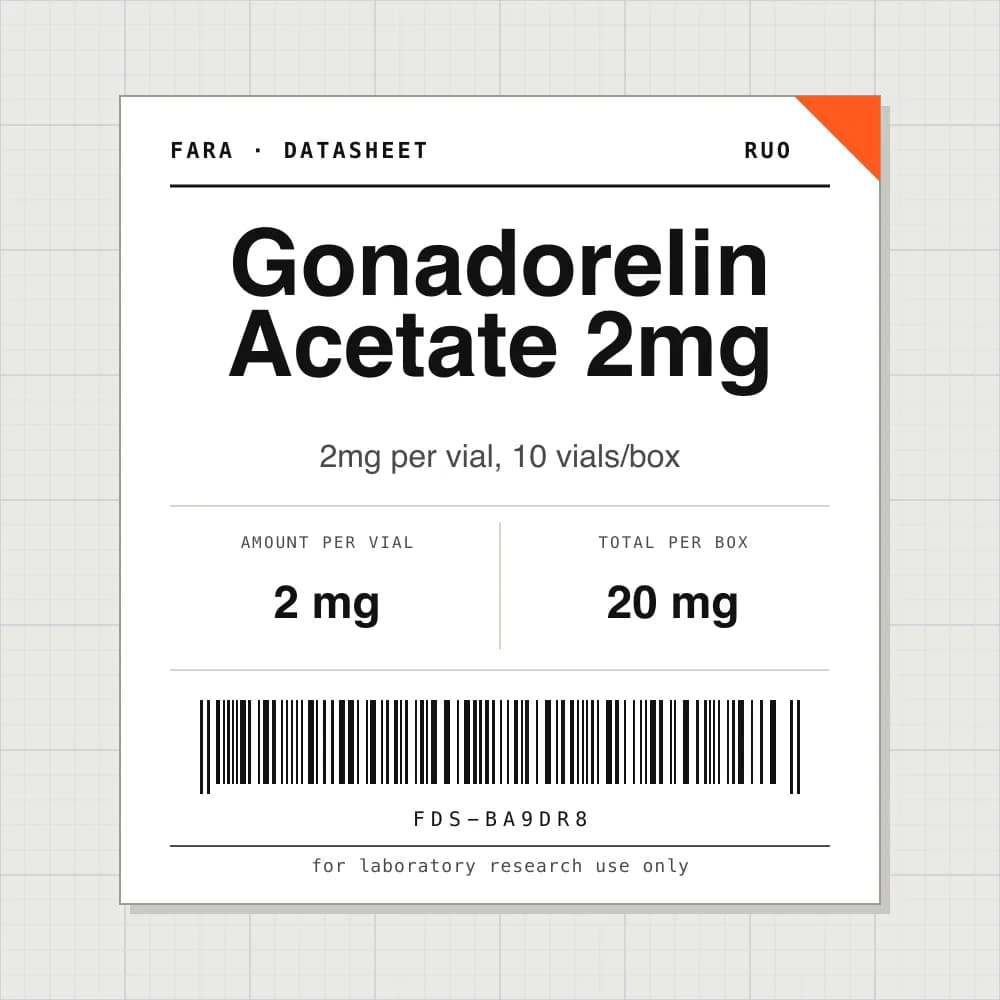 Datasheet card for Gonadorelin Acetate 2mg: 2 mg per vial, 10 vials per box