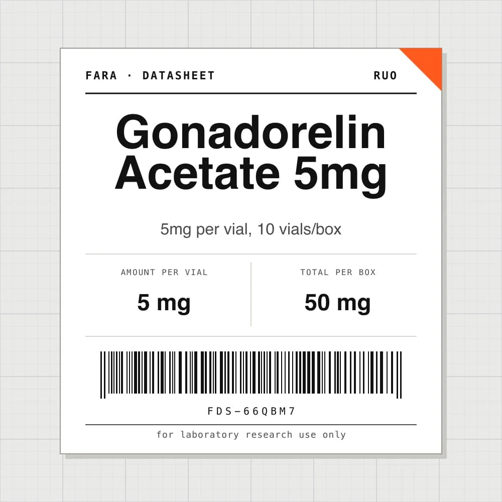 Datasheet card for Gonadorelin Acetate 5mg: 5 mg per vial, 10 vials per box