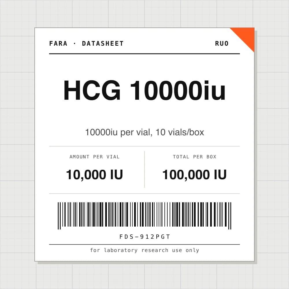 Datasheet card for HCG 10000iu: 10,000 IU per vial, 10 vials per box