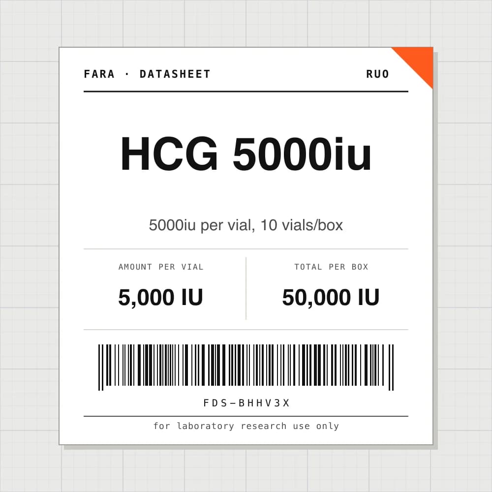 Datasheet card for HCG 5000iu: 5,000 IU per vial, 10 vials per box