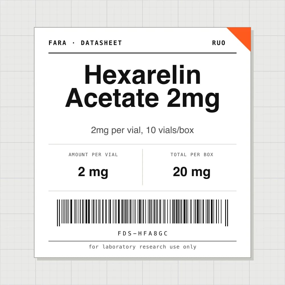 Datasheet card for Hexarelin Acetate 2mg: 2 mg per vial, 10 vials per box