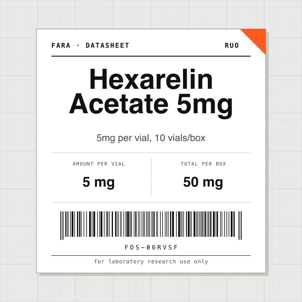 Datasheet card for Hexarelin Acetate 5mg: 5 mg per vial, 10 vials per box