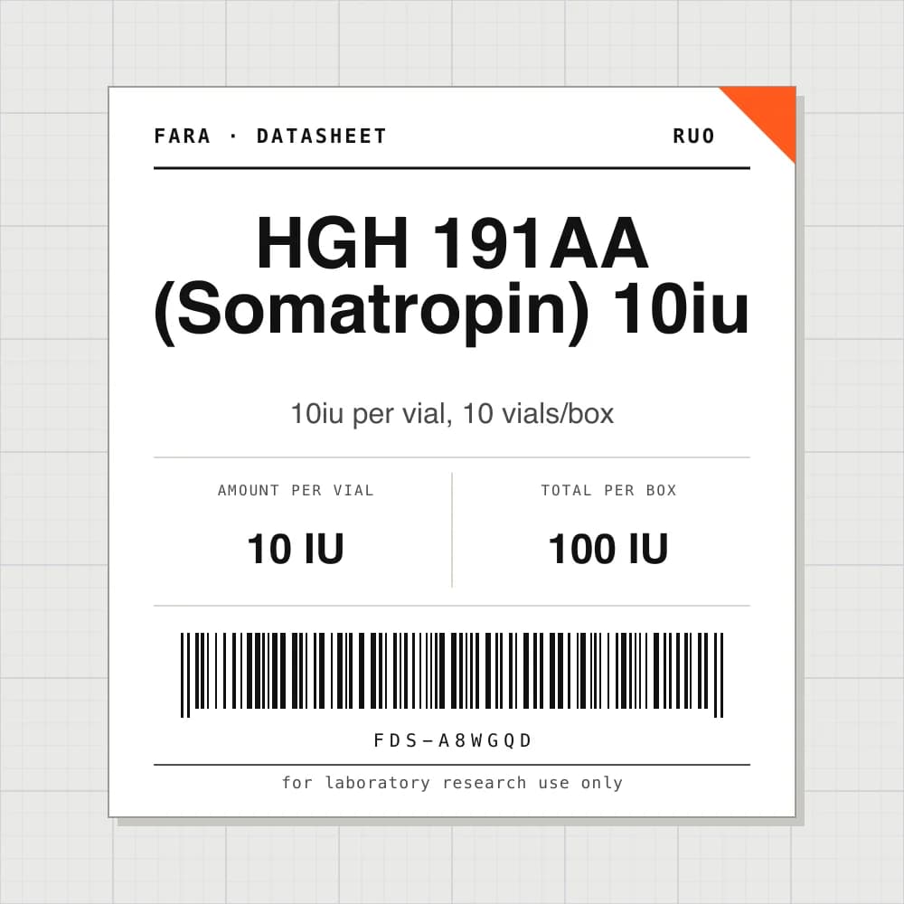 Datasheet card for HGH 191AA (Somatropin) 10iu: 10 IU per vial, 10 vials per box