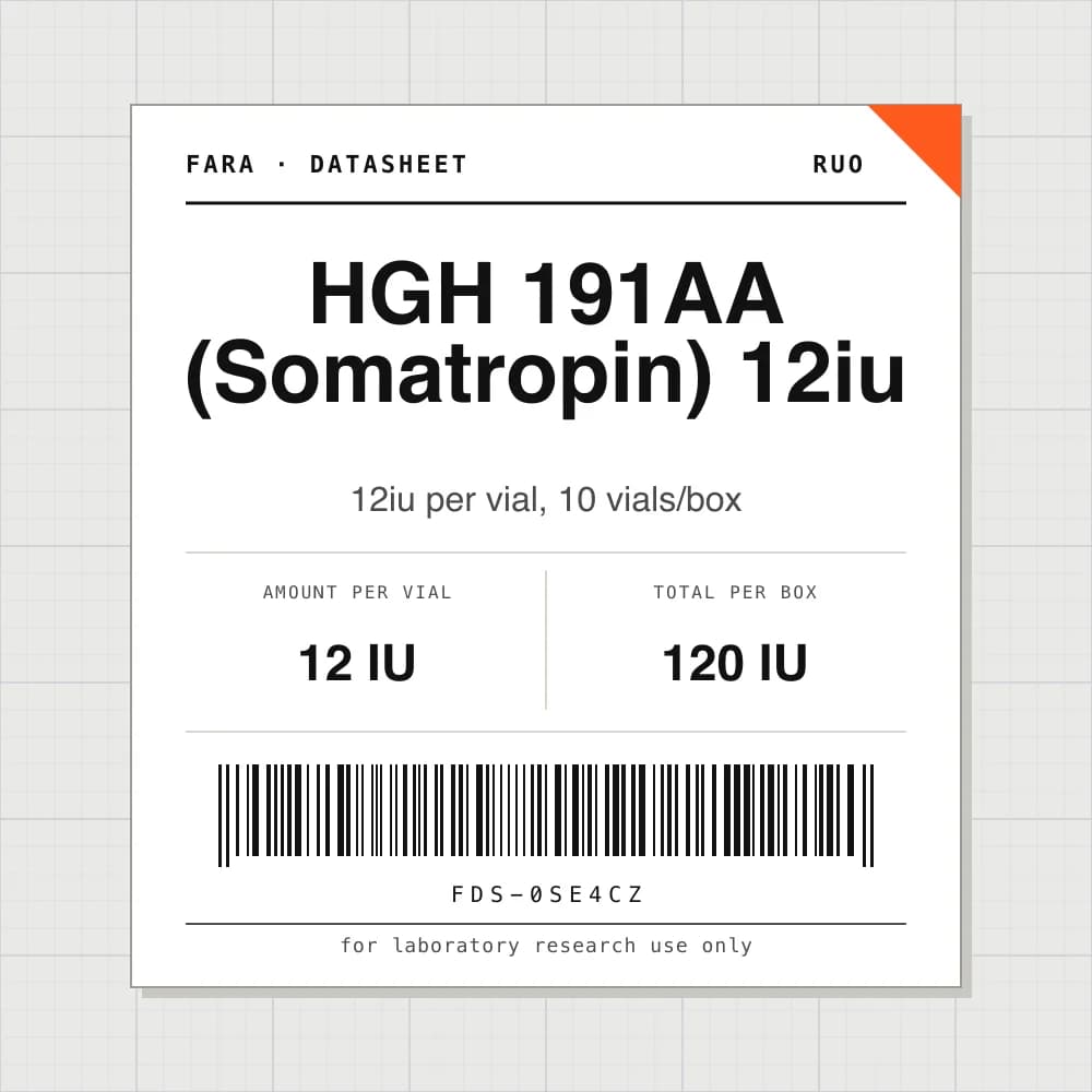 Datasheet card for HGH 191AA (Somatropin) 12iu: 12 IU per vial, 10 vials per box