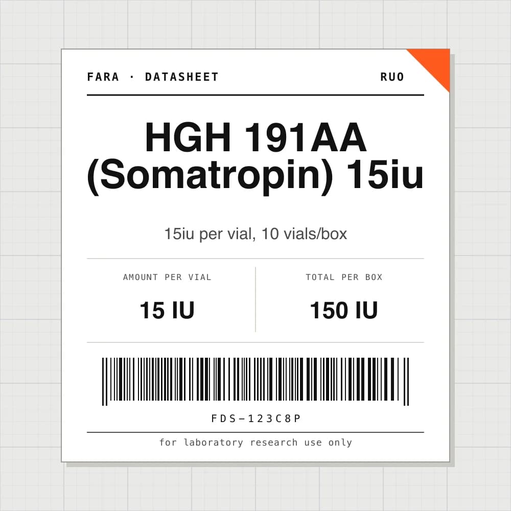 Datasheet card for HGH 191AA (Somatropin) 15iu: 15 IU per vial, 10 vials per box