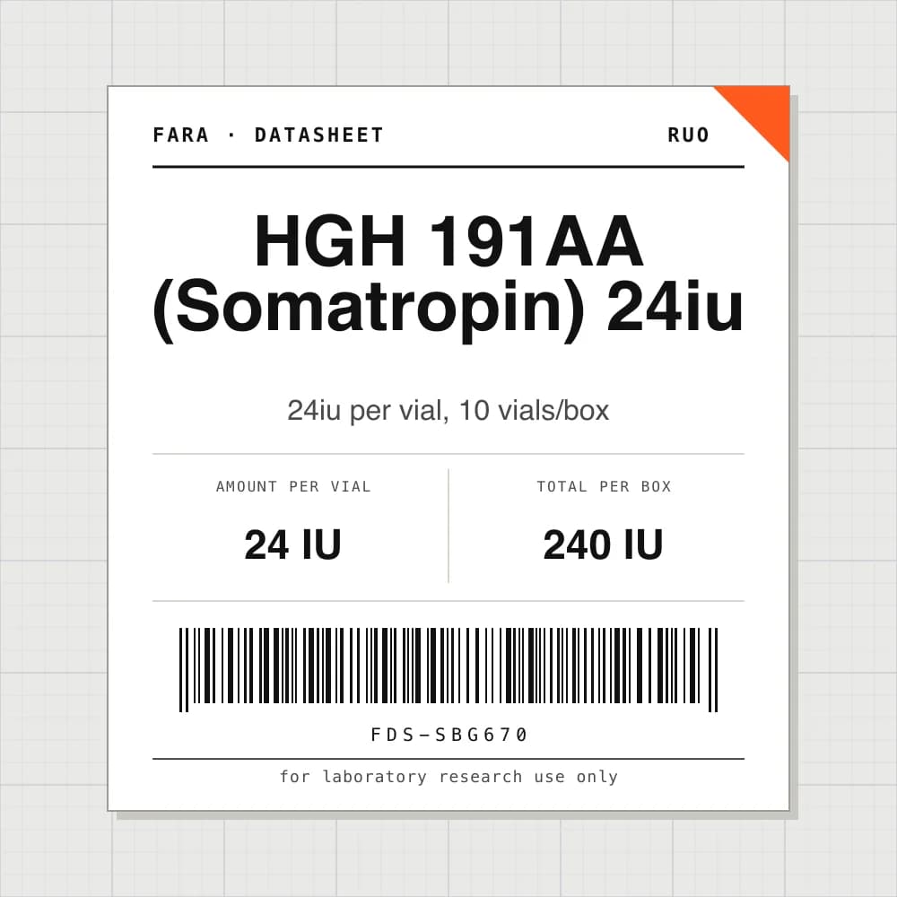 Datasheet card for HGH 191AA (Somatropin) 24iu: 24 IU per vial, 10 vials per box