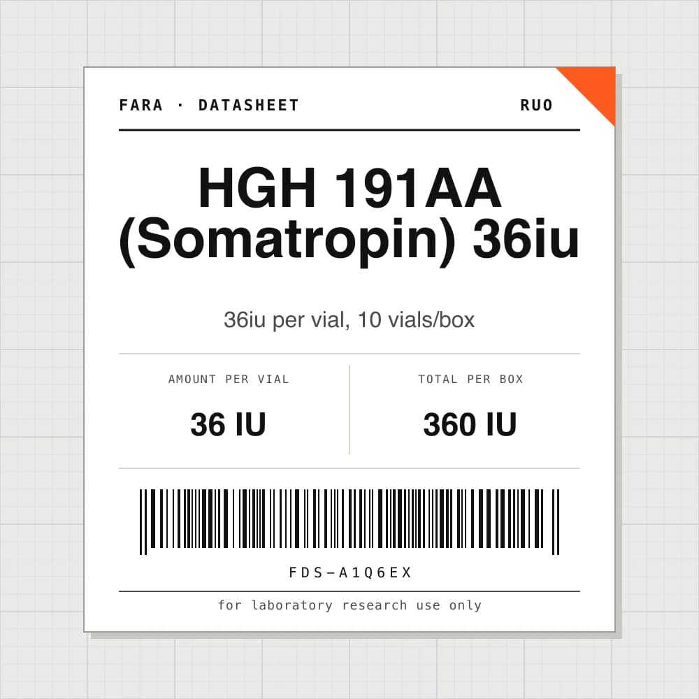 Datasheet card for HGH 191AA (Somatropin) 36iu: 36 IU per vial, 10 vials per box