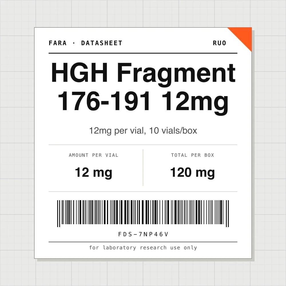 Datasheet card for HGH Fragment 176-191 12mg: 12 mg per vial, 10 vials per box