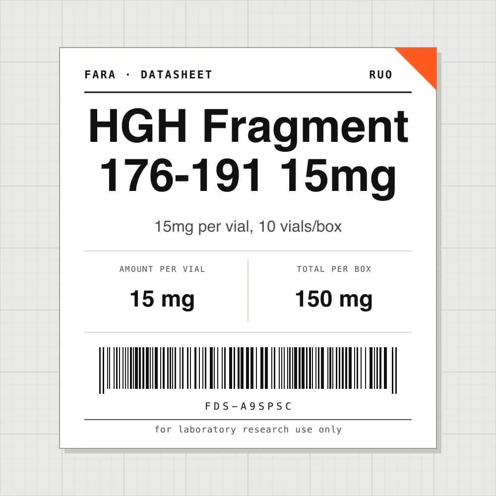 Datasheet card for HGH Fragment 176-191 15mg: 15 mg per vial, 10 vials per box