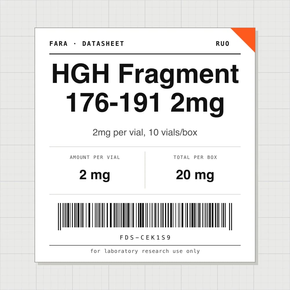 Datasheet card for HGH Fragment 176-191 2mg: 2 mg per vial, 10 vials per box