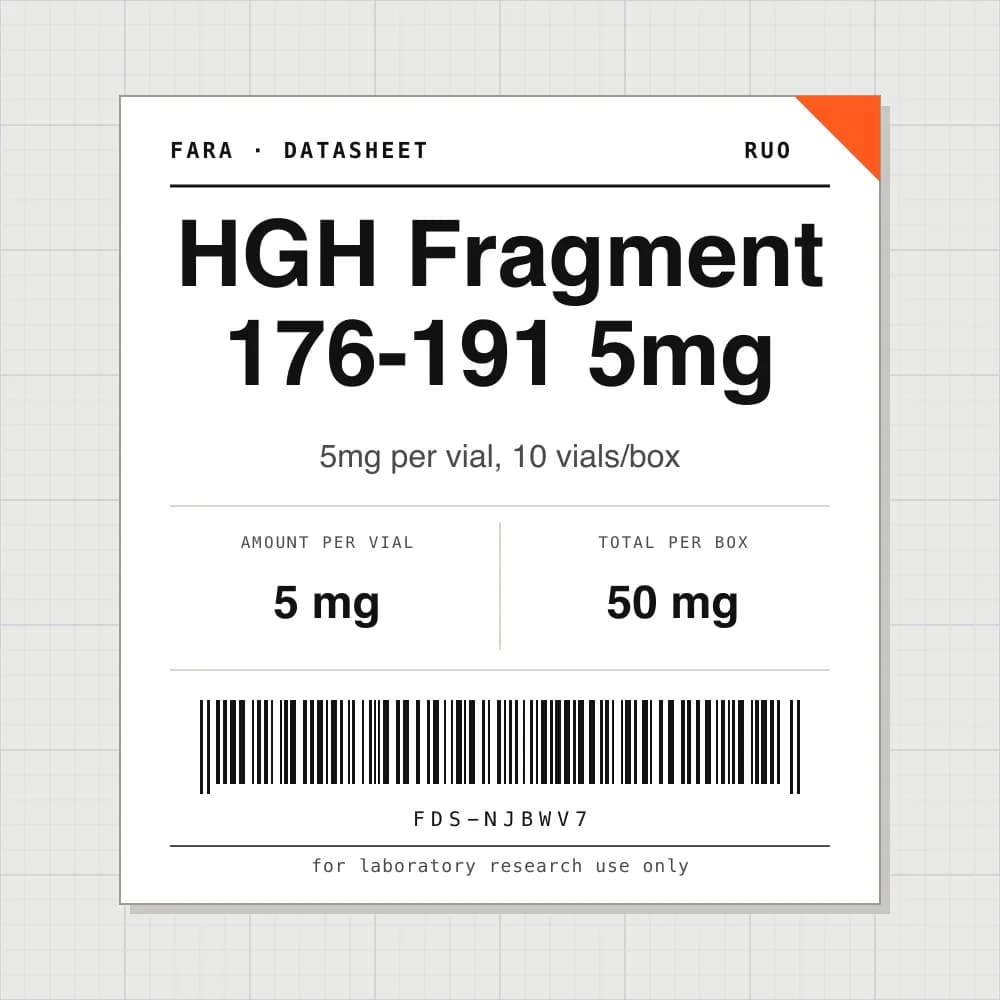 Datasheet card for HGH Fragment 176-191 5mg: 5 mg per vial, 10 vials per box