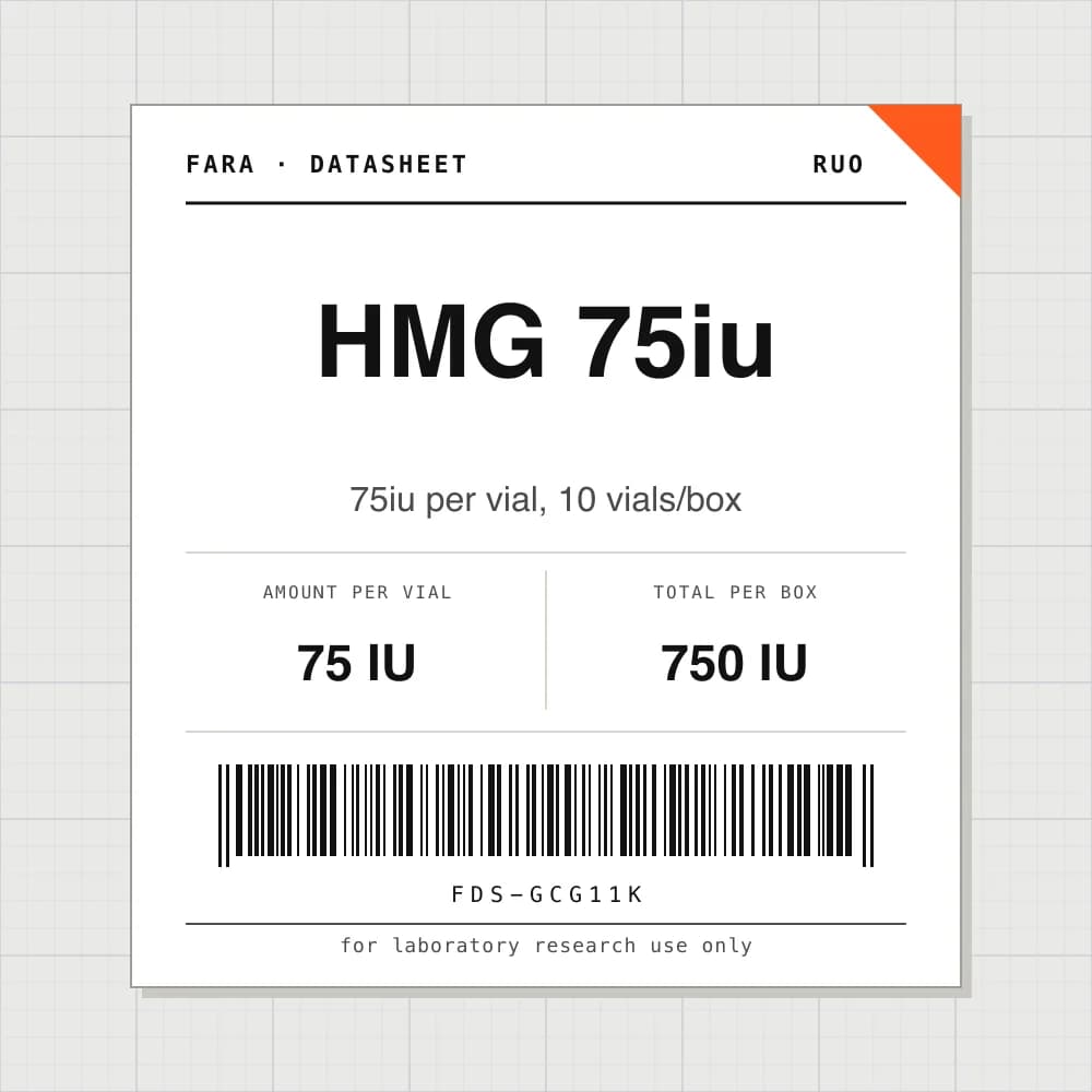 Datasheet card for HMG 75iu: 75 IU per vial, 10 vials per box