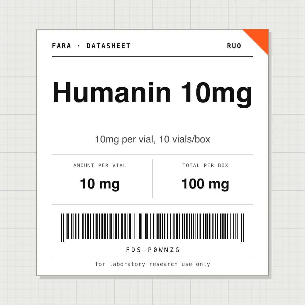 Datasheet card for Humanin 10mg: 10 mg per vial, 10 vials per box