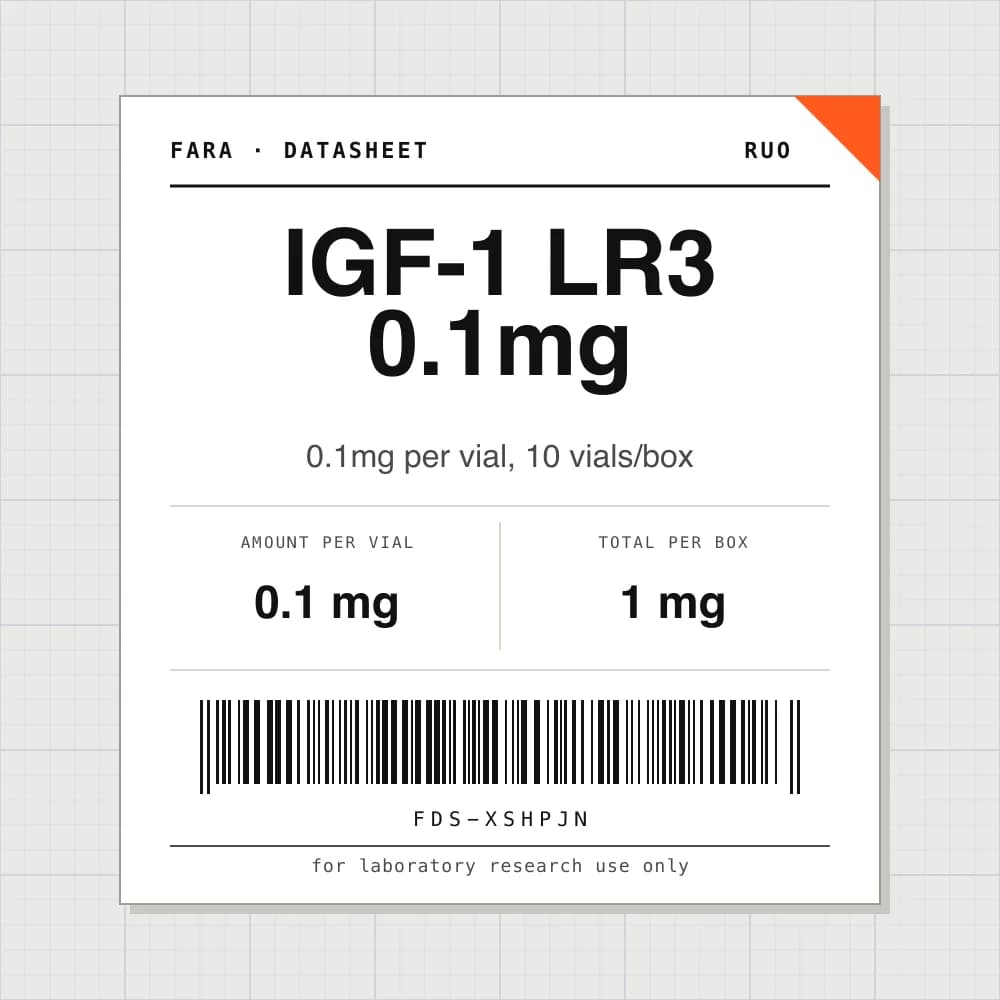 Datasheet card for IGF-1 LR3 0.1mg: 0.1 mg per vial, 10 vials per box