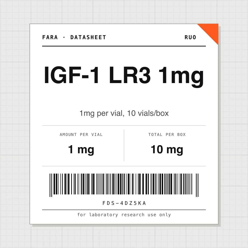 Datasheet card for IGF-1 LR3 1mg: 1 mg per vial, 10 vials per box