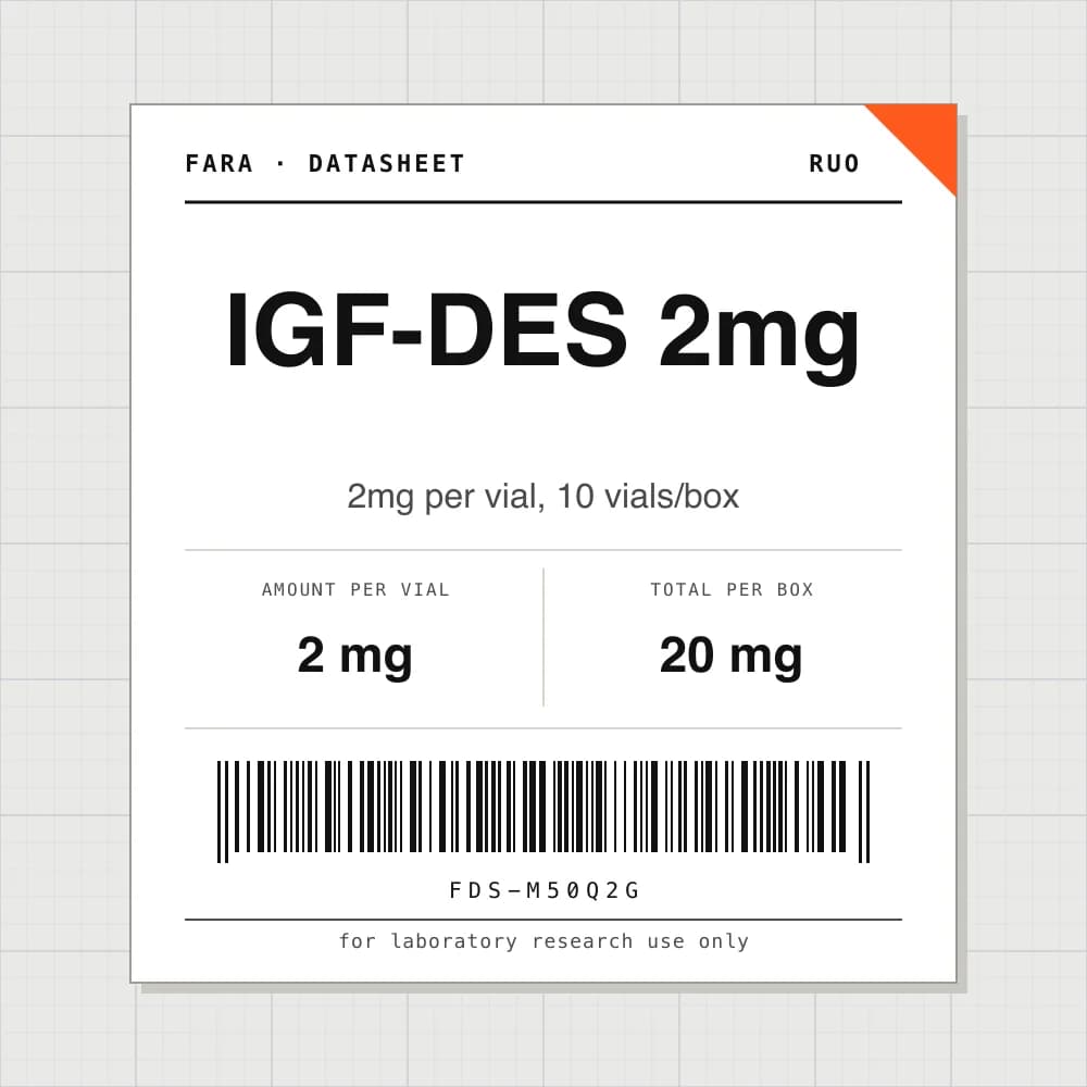 Datasheet card for IGF-DES 2mg: 2 mg per vial, 10 vials per box