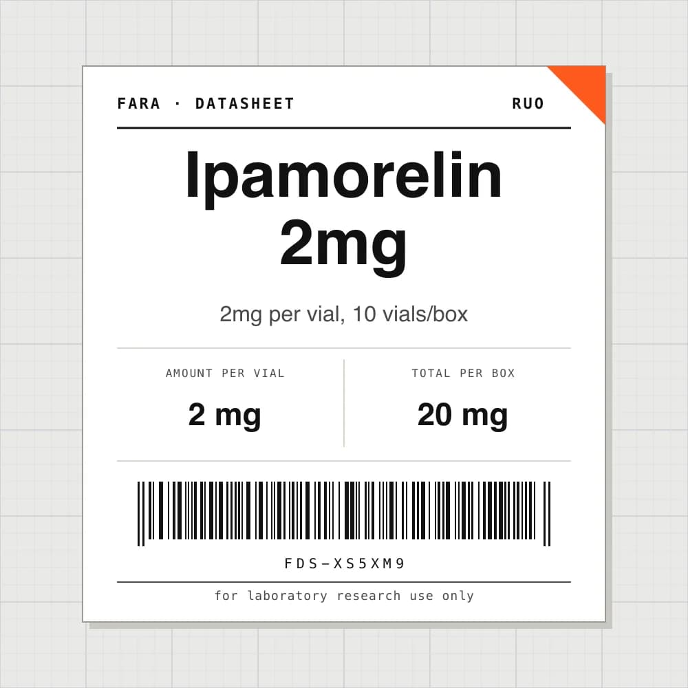 Datasheet card for Ipamorelin 2mg: 2 mg per vial, 10 vials per box