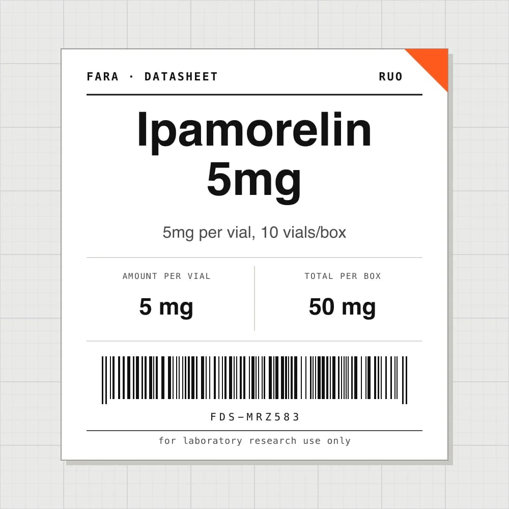 Datasheet card for Ipamorelin 5mg: 5 mg per vial, 10 vials per box