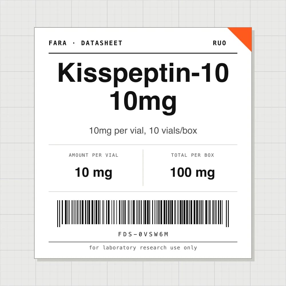 Datasheet card for Kisspeptin-10 10mg: 10 mg per vial, 10 vials per box