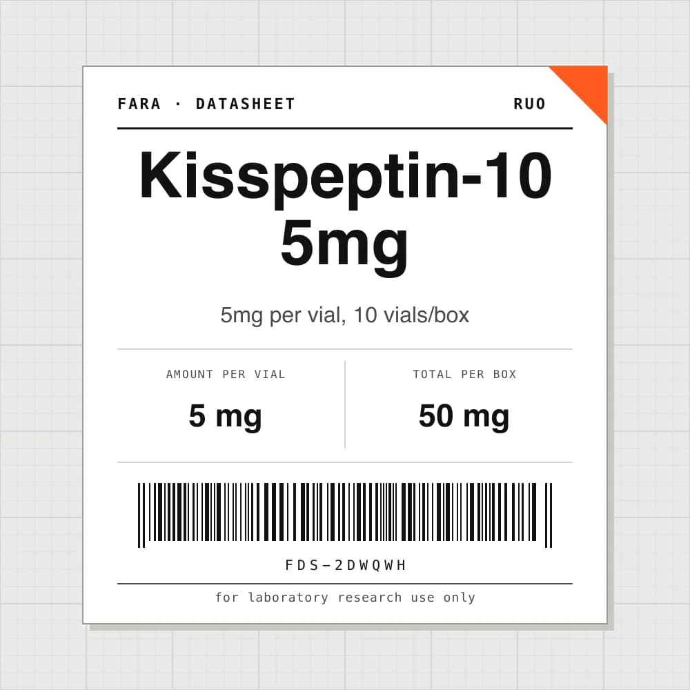 Datasheet card for Kisspeptin-10 5mg: 5 mg per vial, 10 vials per box