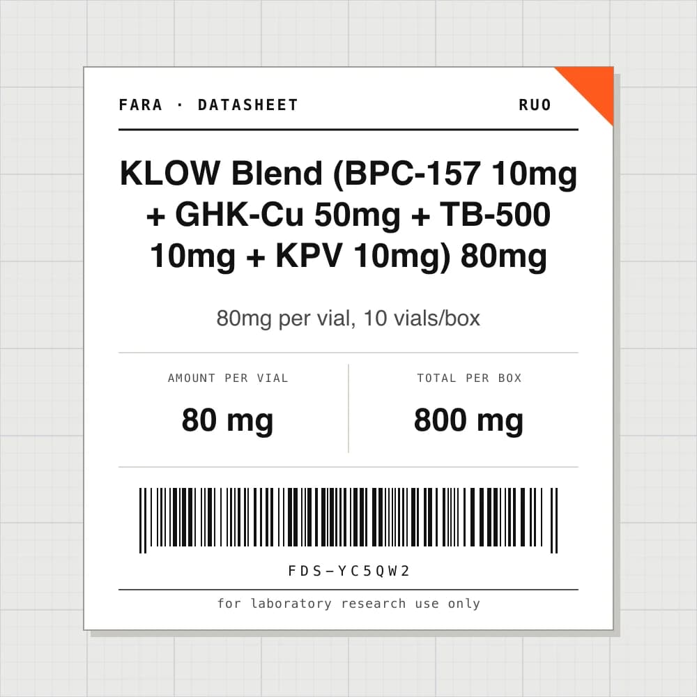 Datasheet card for KLOW Blend (BPC-157 10mg + GHK-Cu 50mg + TB-500 10mg + KPV 10mg) 80mg: 80 mg per vial, 10 vials per box
