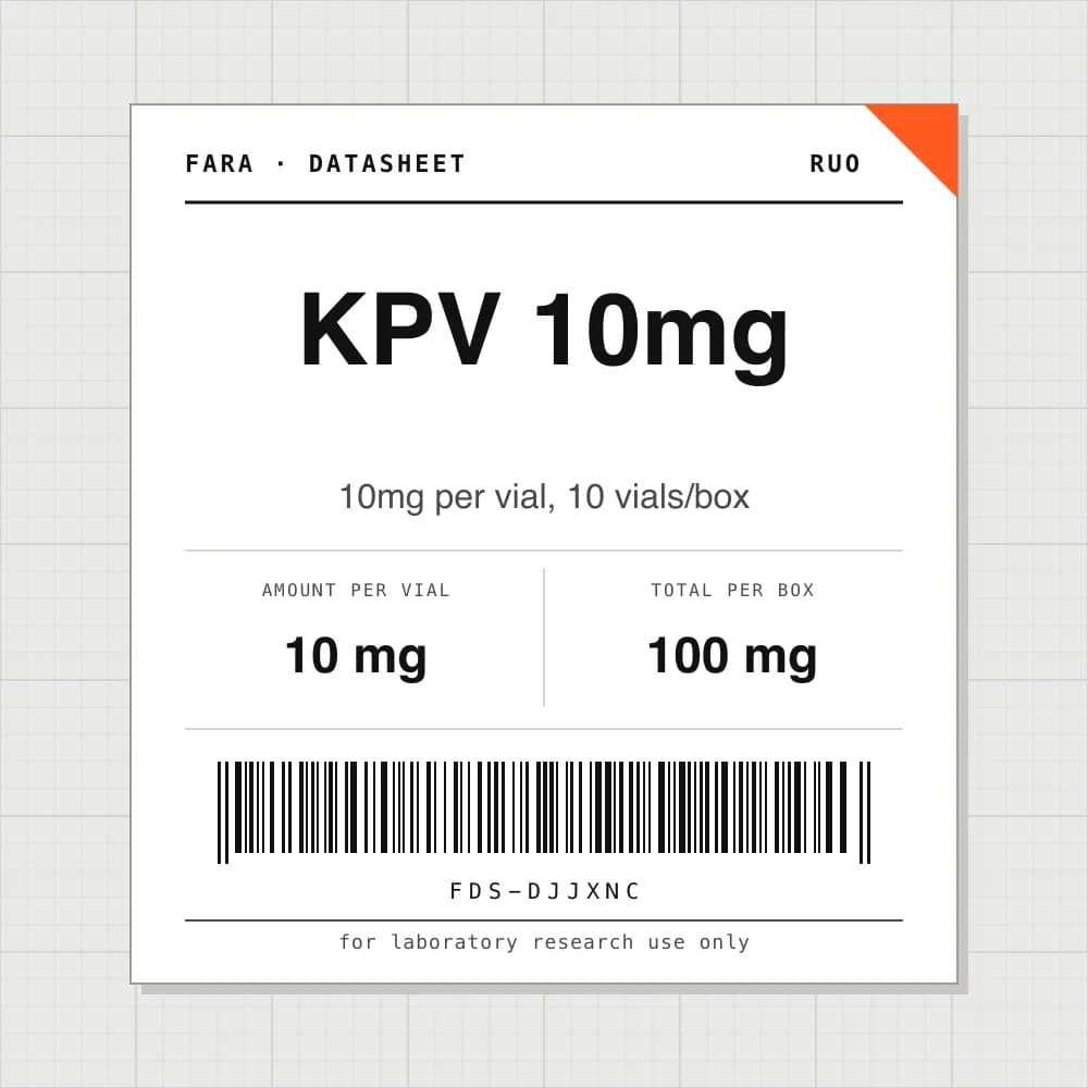 Datasheet card for KPV 10mg: 10 mg per vial, 10 vials per box