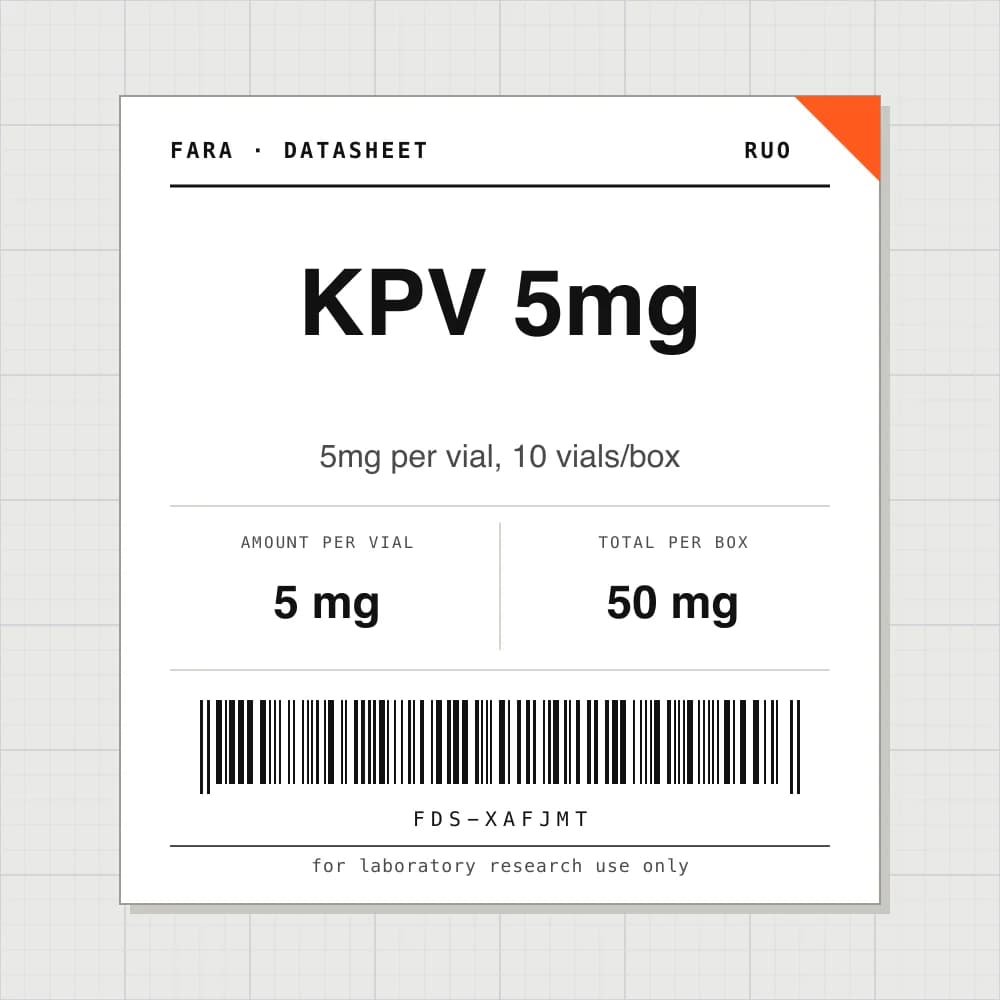 Datasheet card for KPV 5mg: 5 mg per vial, 10 vials per box