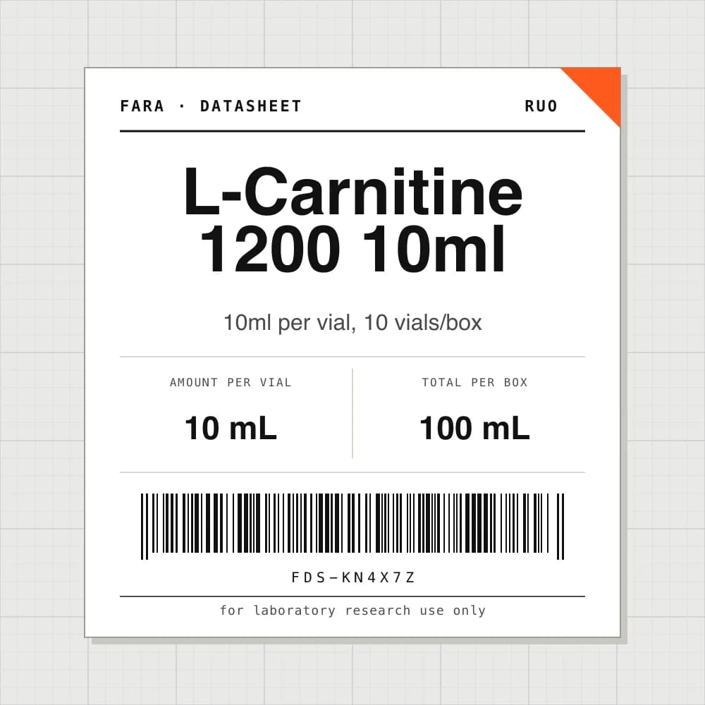 Datasheet card for L-Carnitine 1200 10ml: 10 mL per vial, 10 vials per box