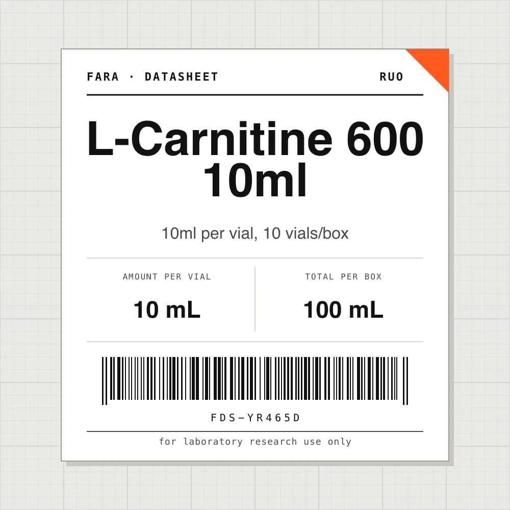 Datasheet card for L-Carnitine 600 10ml: 10 mL per vial, 10 vials per box