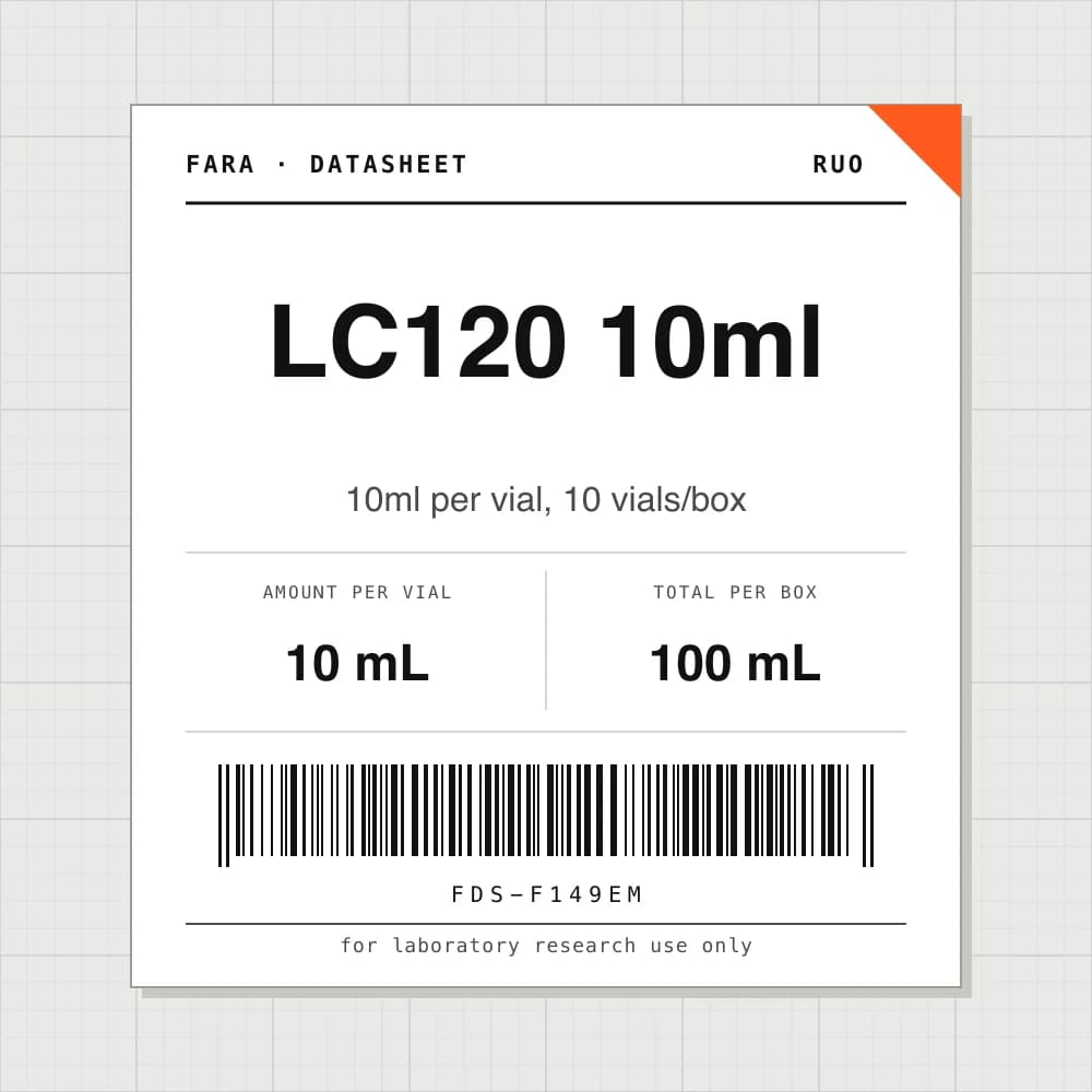 Datasheet card for LC120 10ml: 10 mL per vial, 10 vials per box