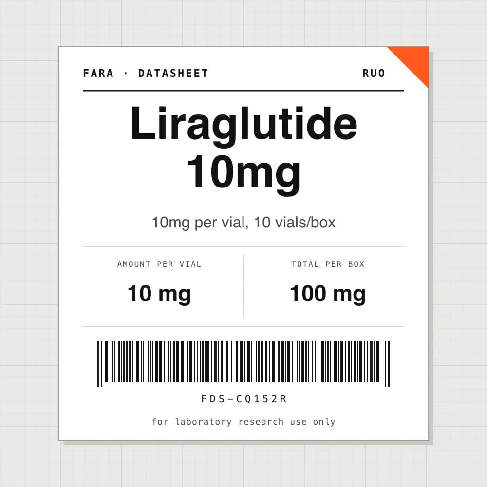 Datasheet card for Liraglutide 10mg: 10 mg per vial, 10 vials per box