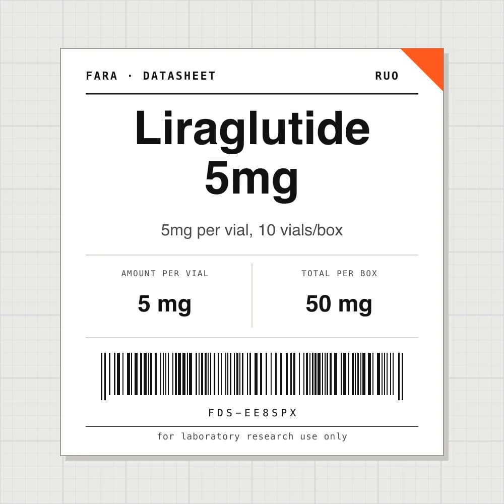 Datasheet card for Liraglutide 5mg: 5 mg per vial, 10 vials per box