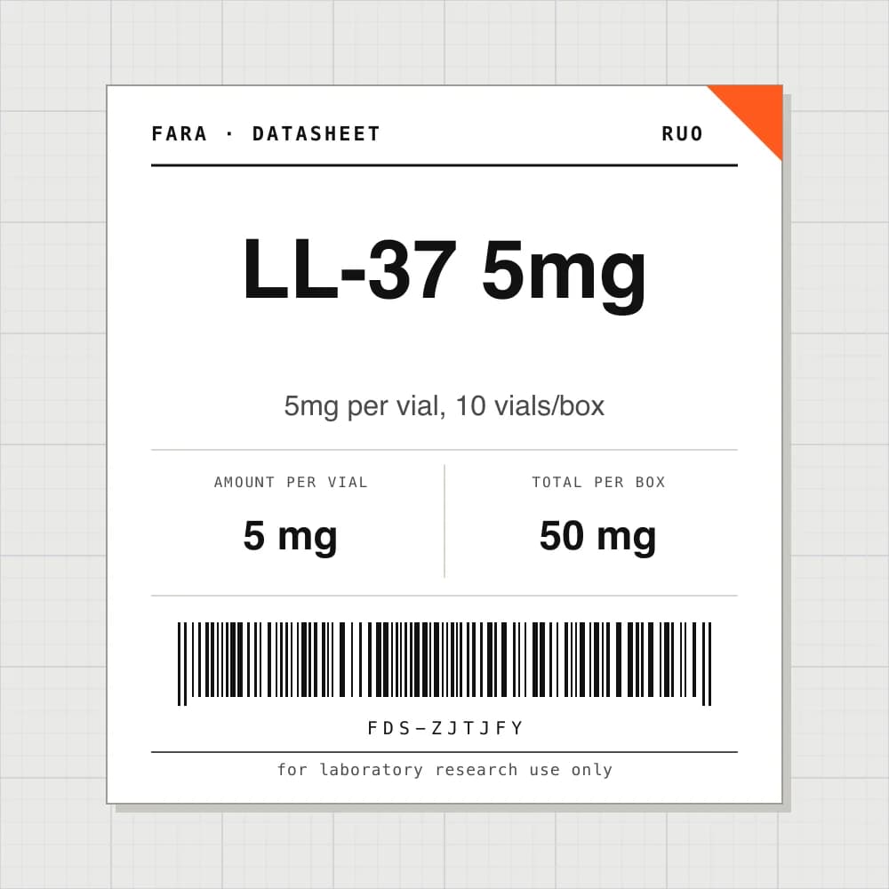 Datasheet card for LL-37 5mg: 5 mg per vial, 10 vials per box