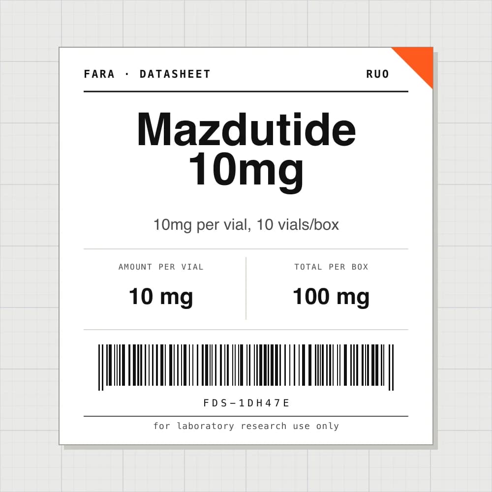 Datasheet card for Mazdutide 10mg: 10 mg per vial, 10 vials per box