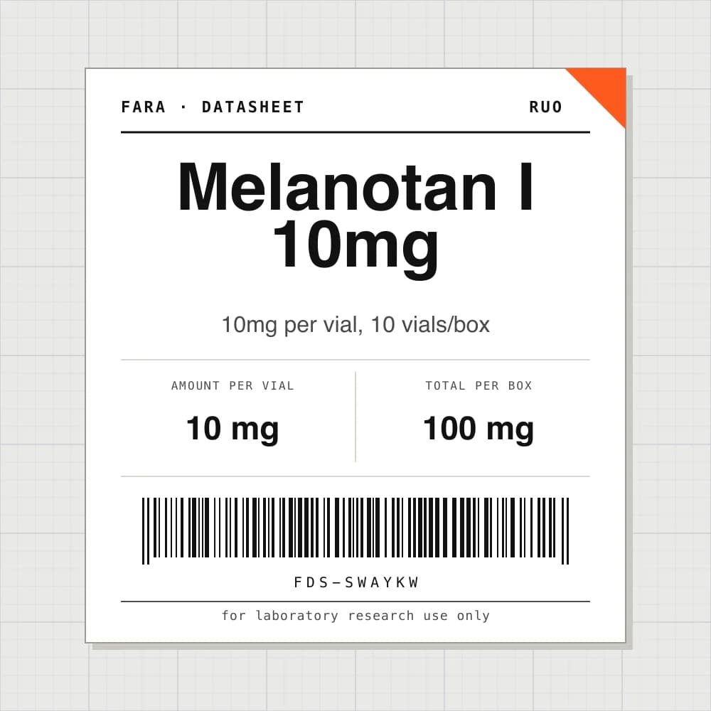 Datasheet card for Melanotan I 10mg: 10 mg per vial, 10 vials per box