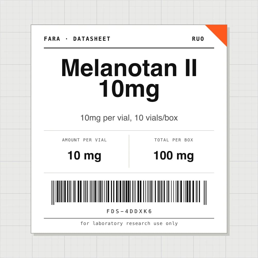 Datasheet card for Melanotan II 10mg: 10 mg per vial, 10 vials per box
