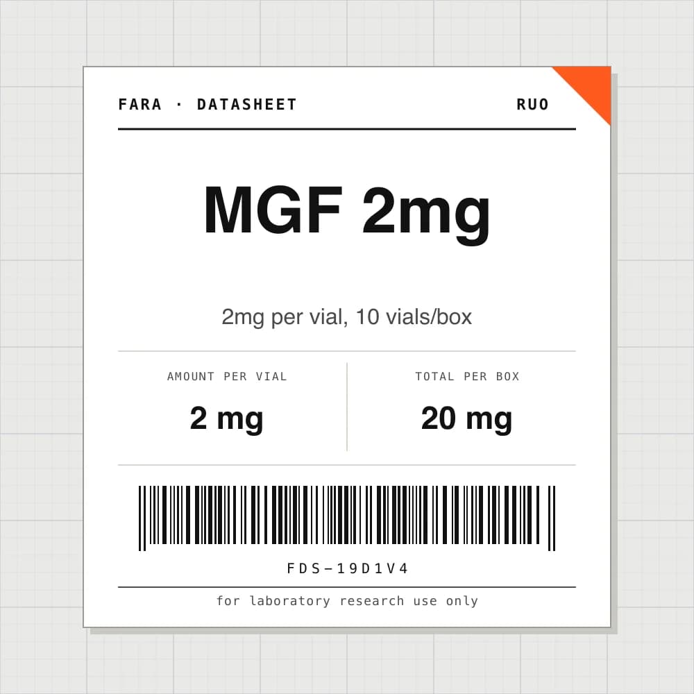 Datasheet card for MGF 2mg: 2 mg per vial, 10 vials per box