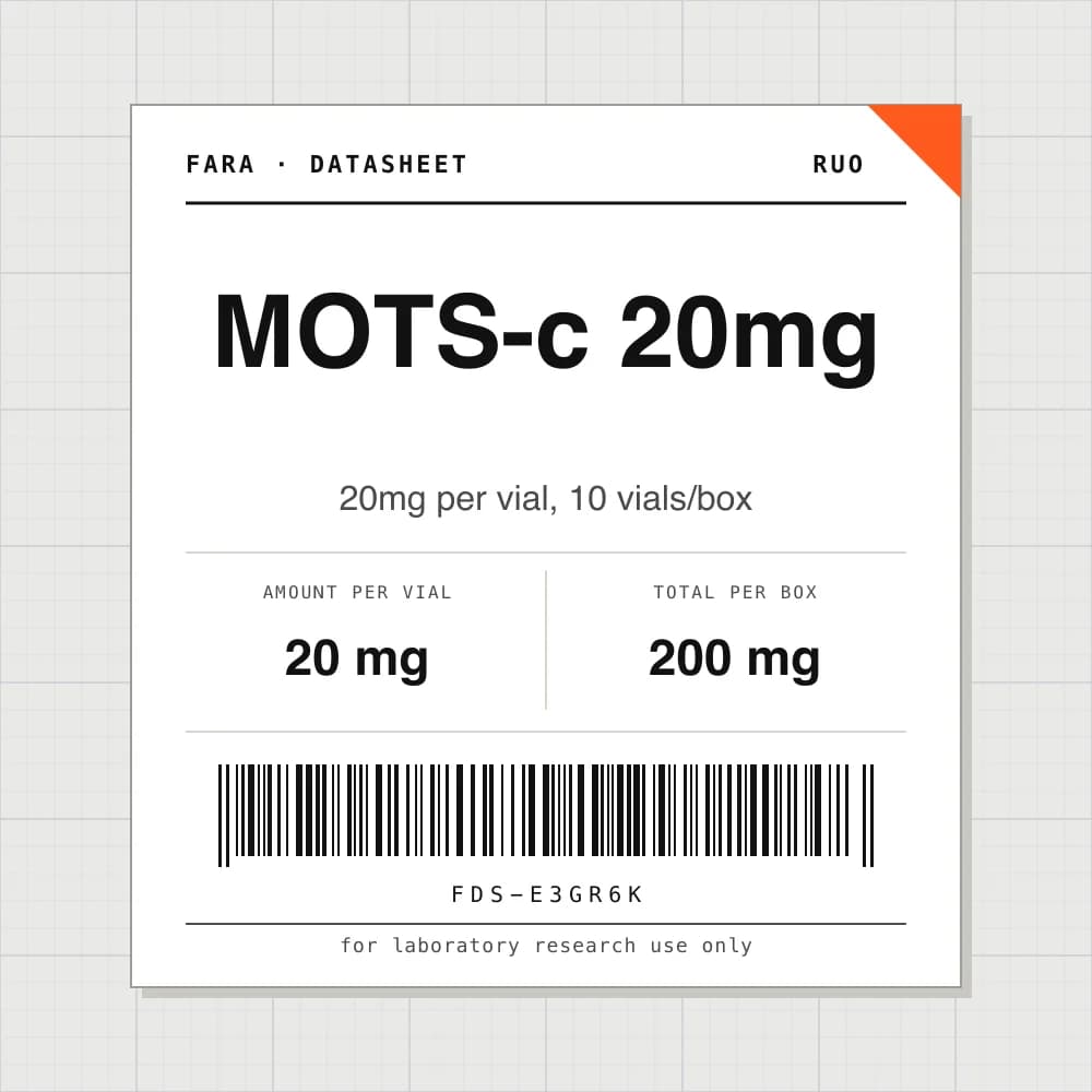 Datasheet card for MOTS-c 20mg: 20 mg per vial, 10 vials per box