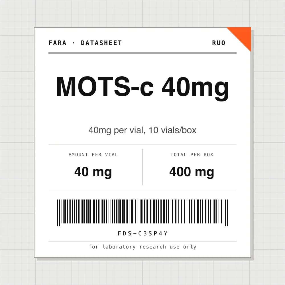 Datasheet card for MOTS-c 40mg: 40 mg per vial, 10 vials per box