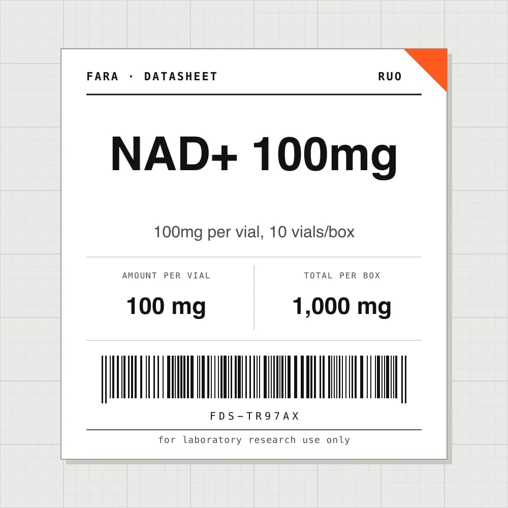 Datasheet card for NAD+ 100mg: 100 mg per vial, 10 vials per box