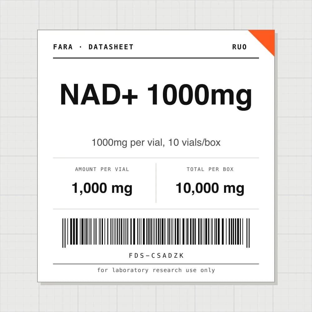 Datasheet card for NAD+ 1000mg: 1,000 mg per vial, 10 vials per box