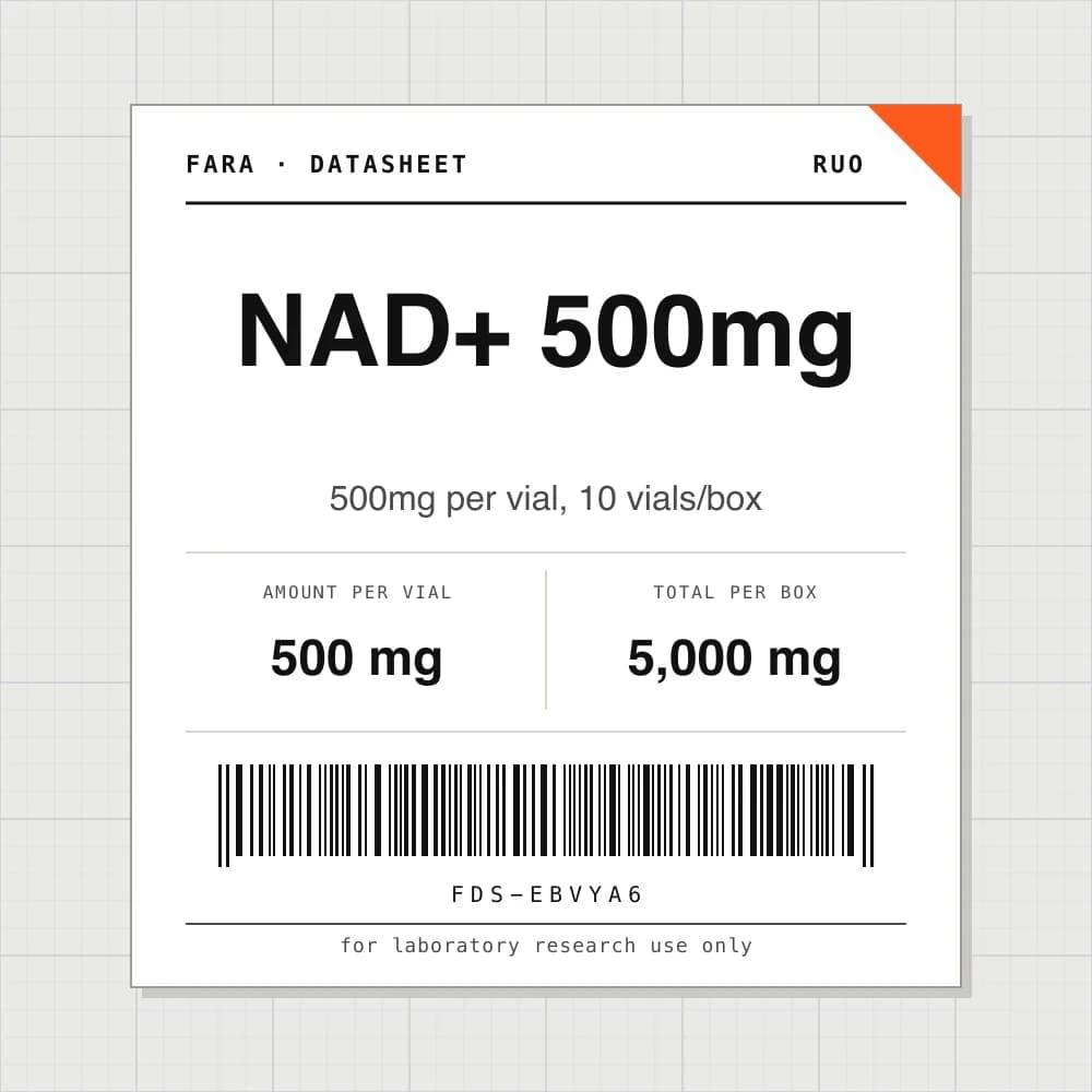 Datasheet card for NAD+ 500mg: 500 mg per vial, 10 vials per box