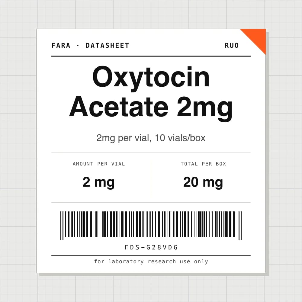 Datasheet card for Oxytocin Acetate 2mg: 2 mg per vial, 10 vials per box