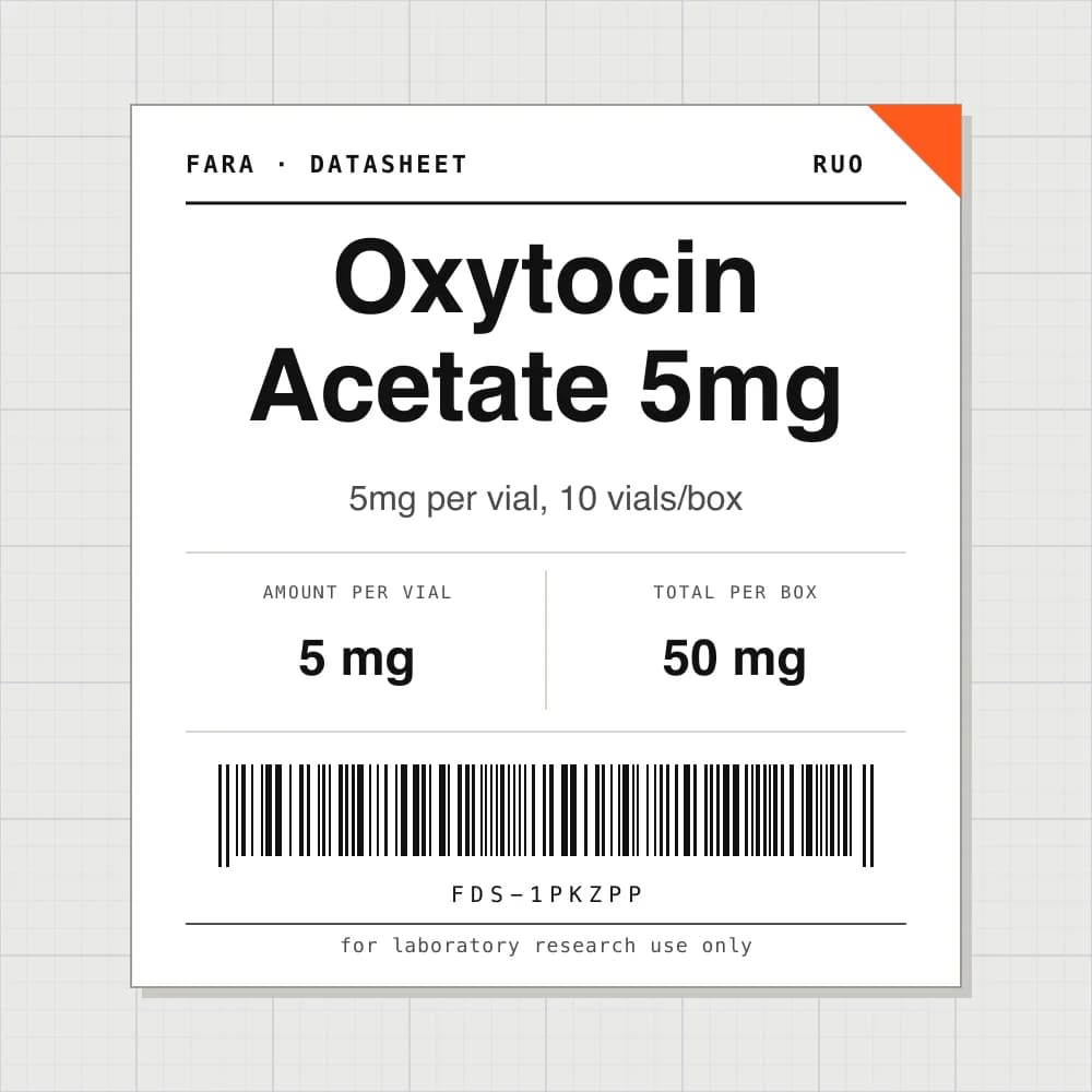 Datasheet card for Oxytocin Acetate 5mg: 5 mg per vial, 10 vials per box