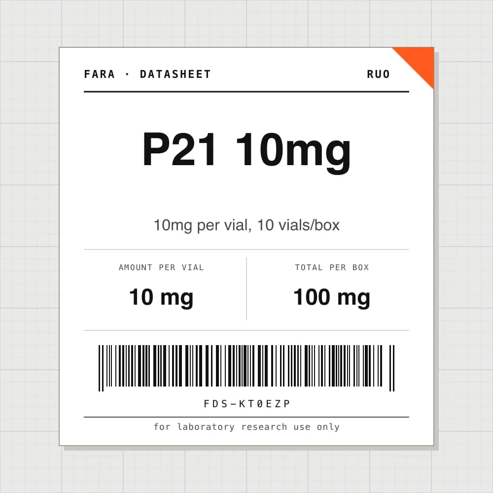 Datasheet card for P21 10mg: 10 mg per vial, 10 vials per box