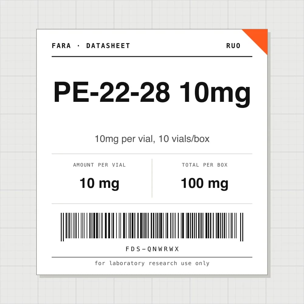 Datasheet card for PE-22-28 10mg: 10 mg per vial, 10 vials per box