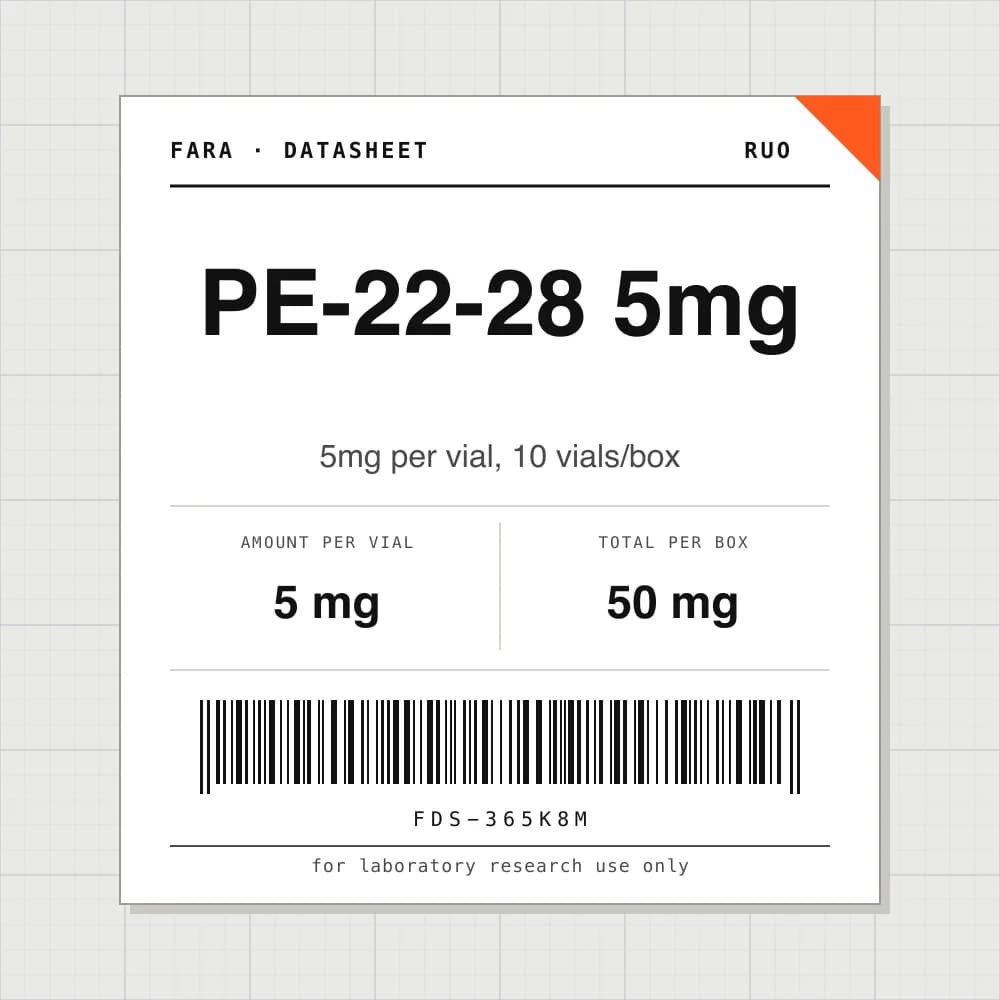 Datasheet card for PE-22-28 5mg: 5 mg per vial, 10 vials per box
