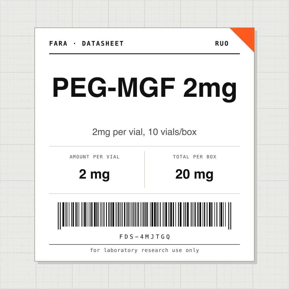 Datasheet card for PEG-MGF 2mg: 2 mg per vial, 10 vials per box